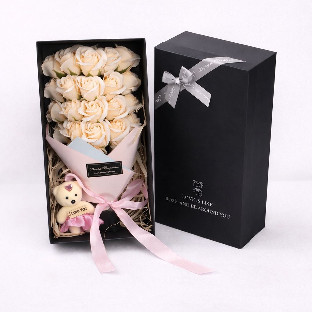 Rose Soap Flower Gift Box with Teddy Bear