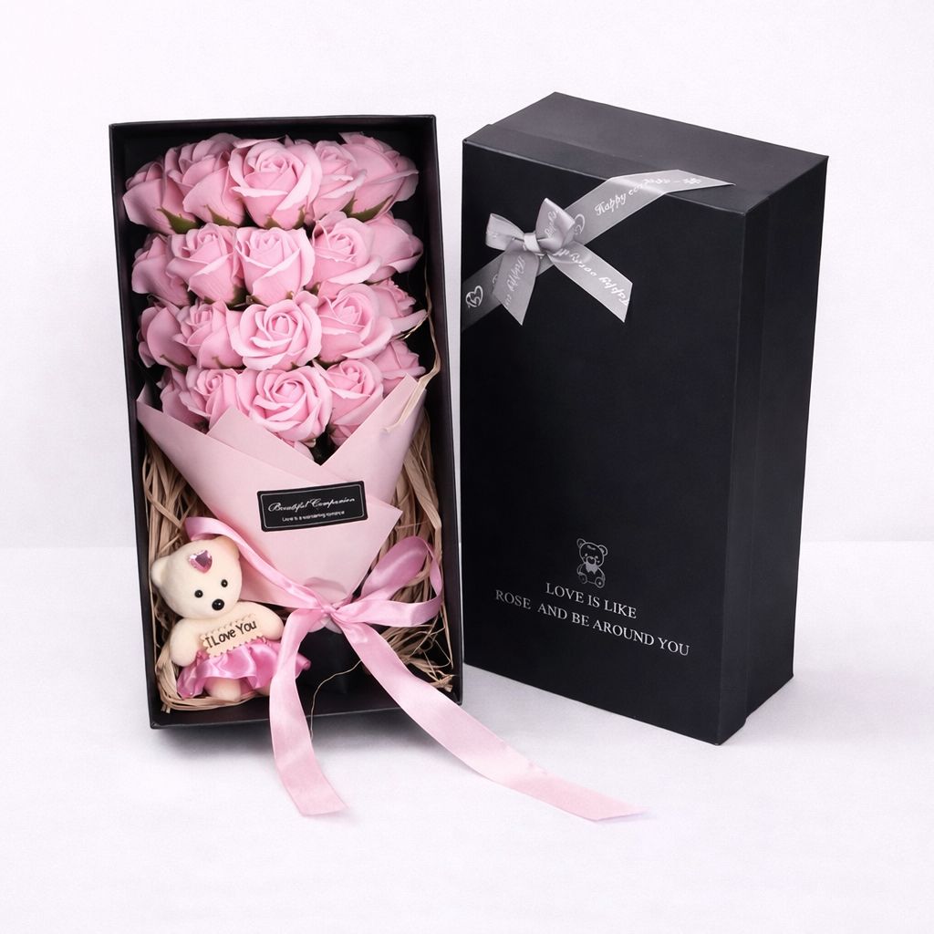 Rose Soap Flower Gift Box with Teddy Bear