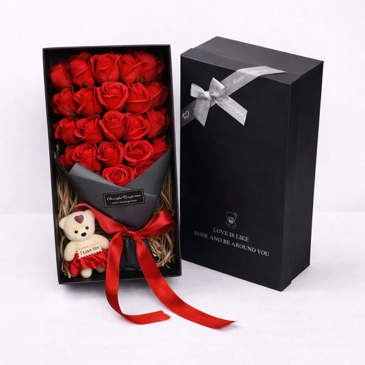 Rose Soap Flower Gift Box with Teddy Bear