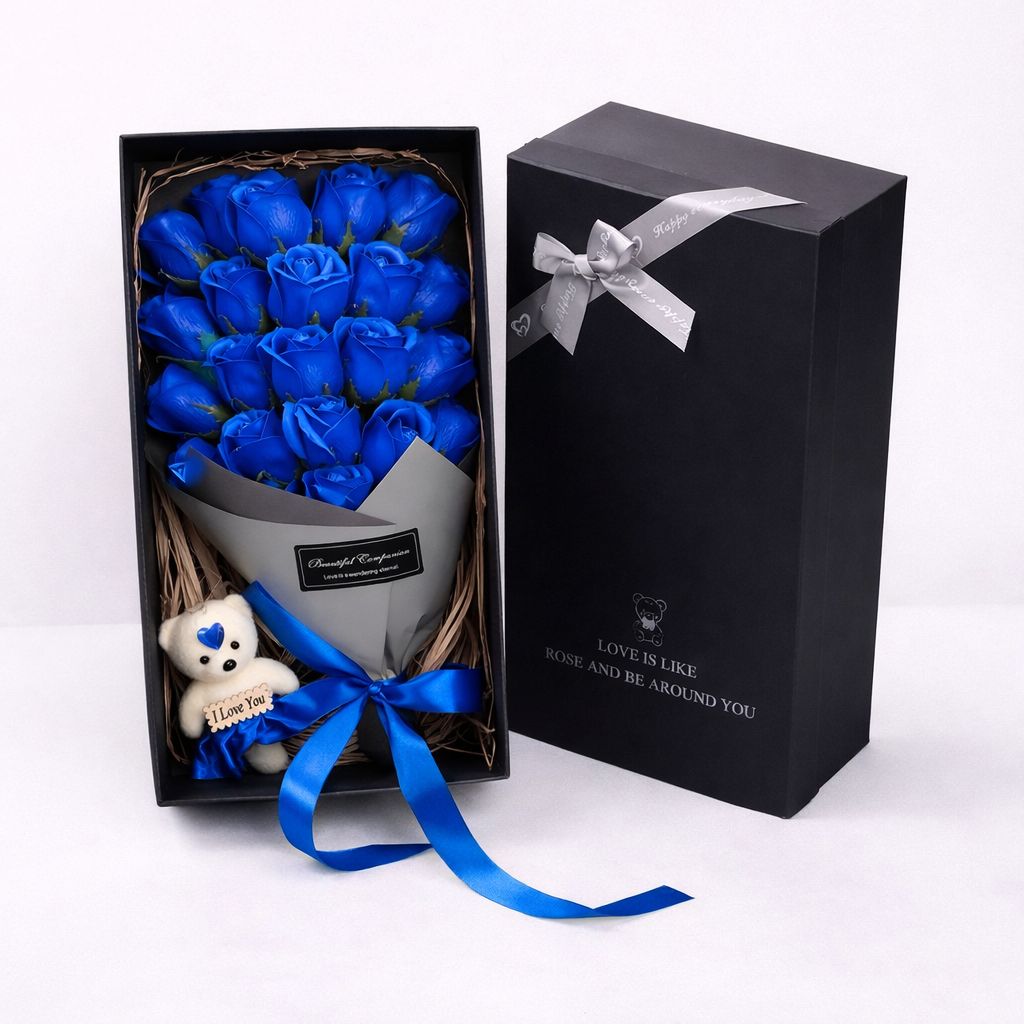 Rose Soap Flower Gift Box with Teddy Bear
