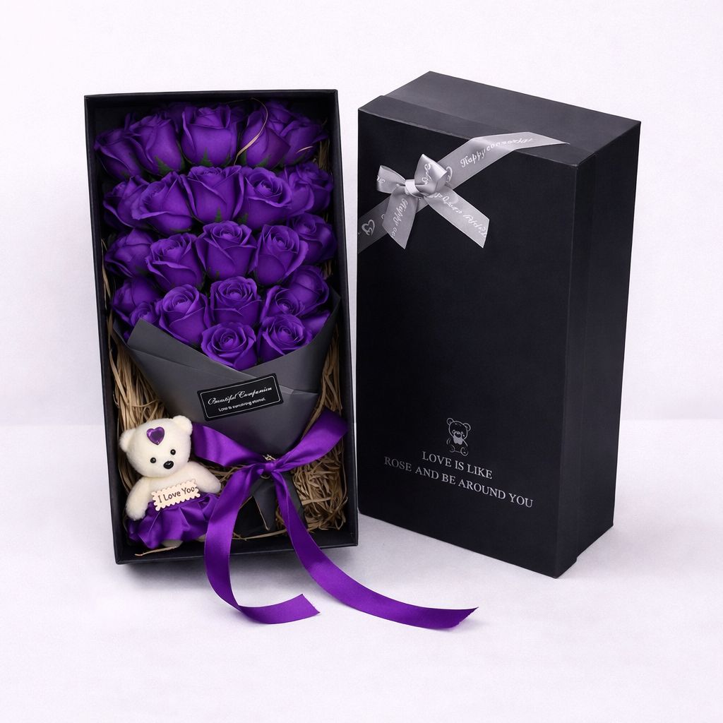 Rose Soap Flower Gift Box with Teddy Bear