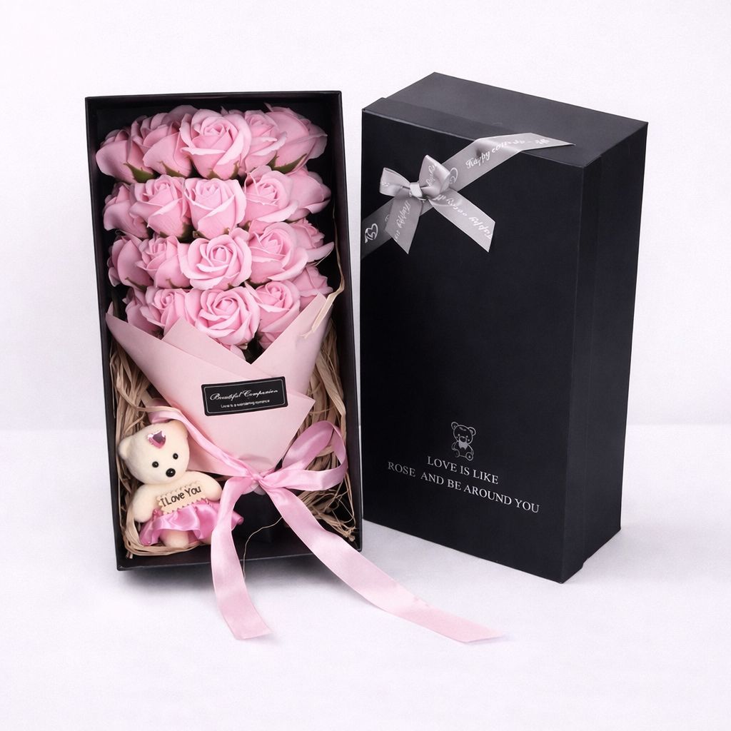 Rose Soap Flower Gift Box with Teddy Bear